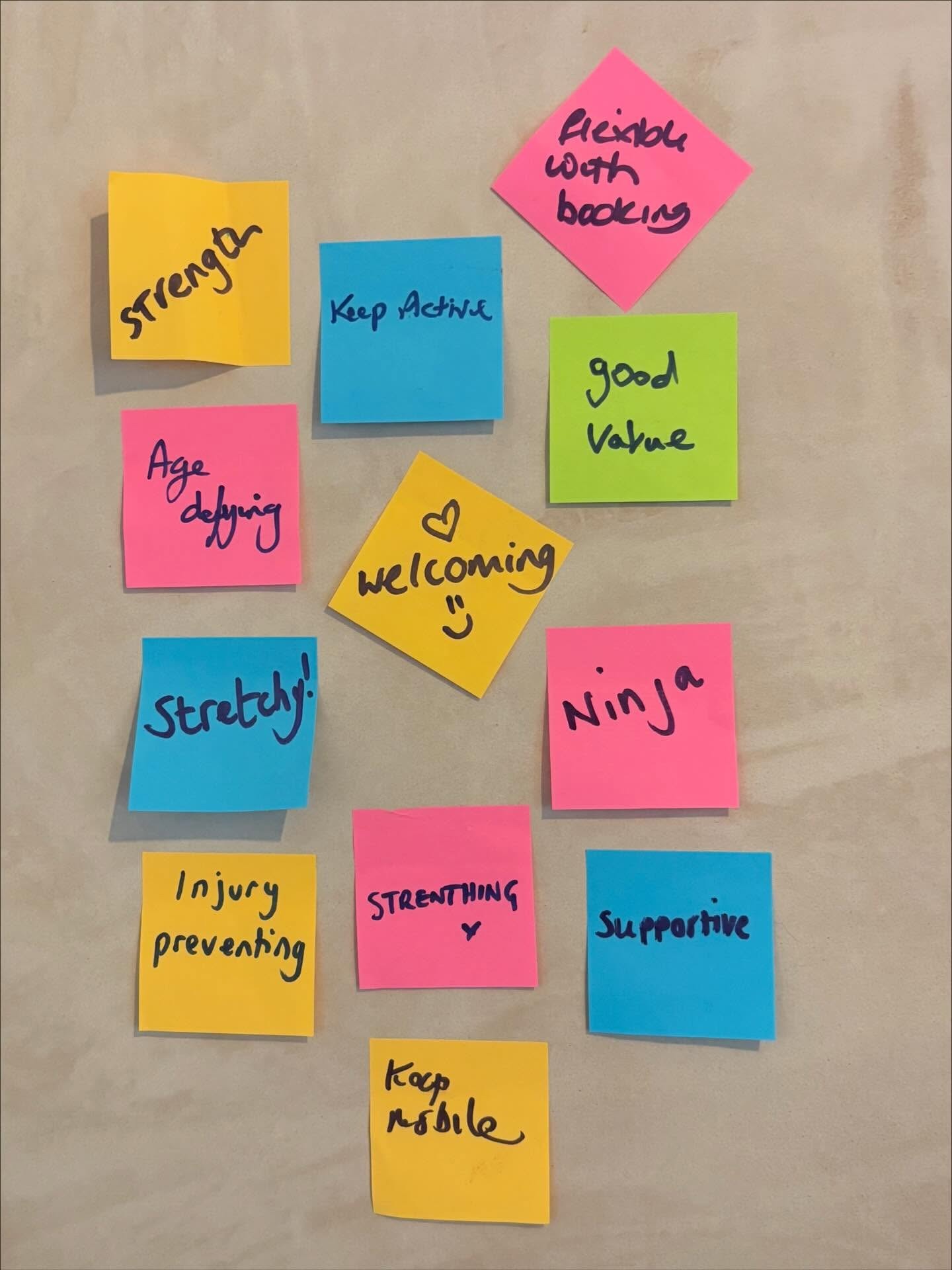 Sticky notes from the class: Strength, Keep Active, Flexible with booking, good Value, Age defying, welcoming, Stretchy, Ninja, Injury preventing, Supportive, Keep mobile